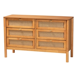 Baxton Studio Jenn Golden Brown Wood Japandi 6-Drawer Dresser with Distressed-Finished Rattan